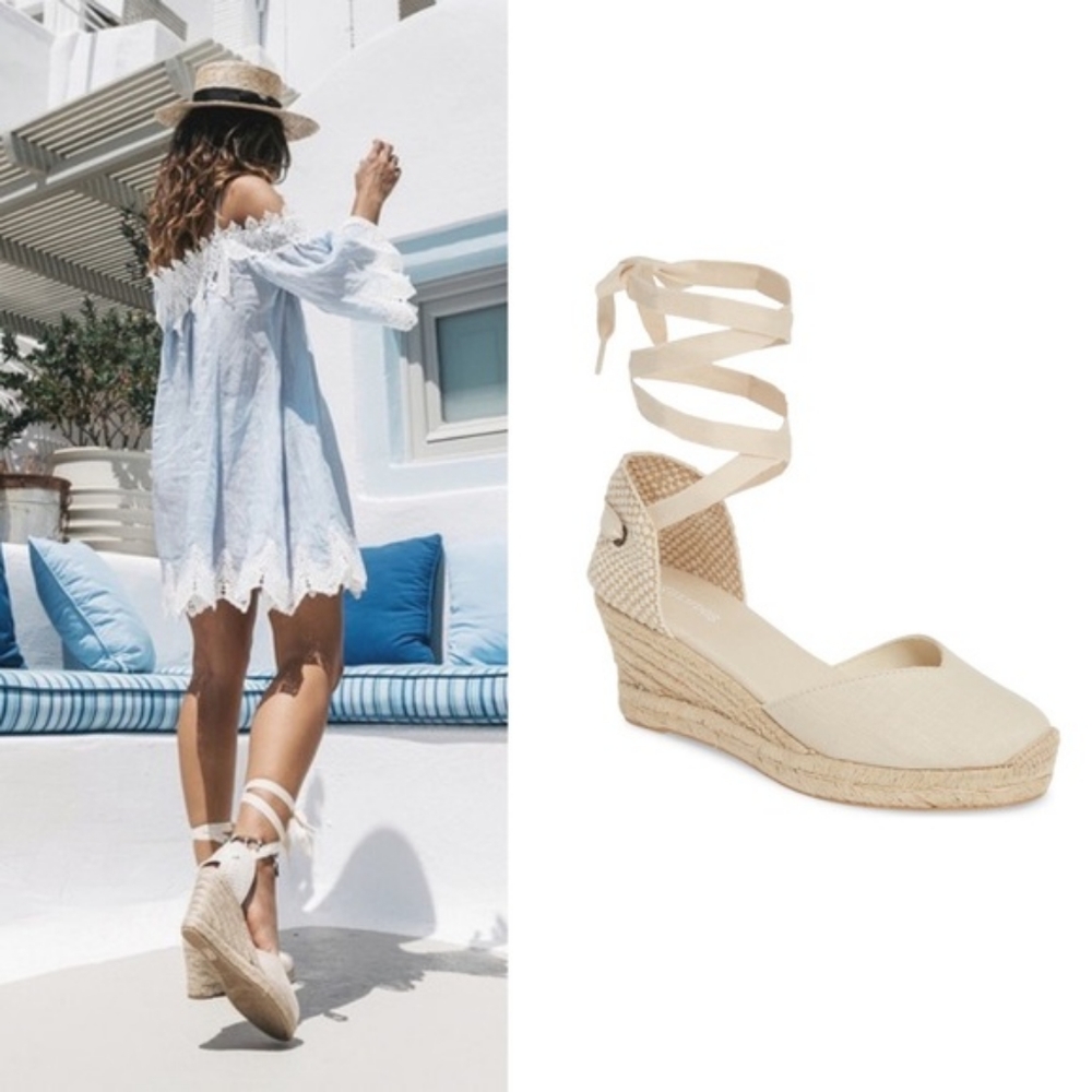 SOLUDOS CREAM LINEN WEDGES LACE UP ESPADRILLES